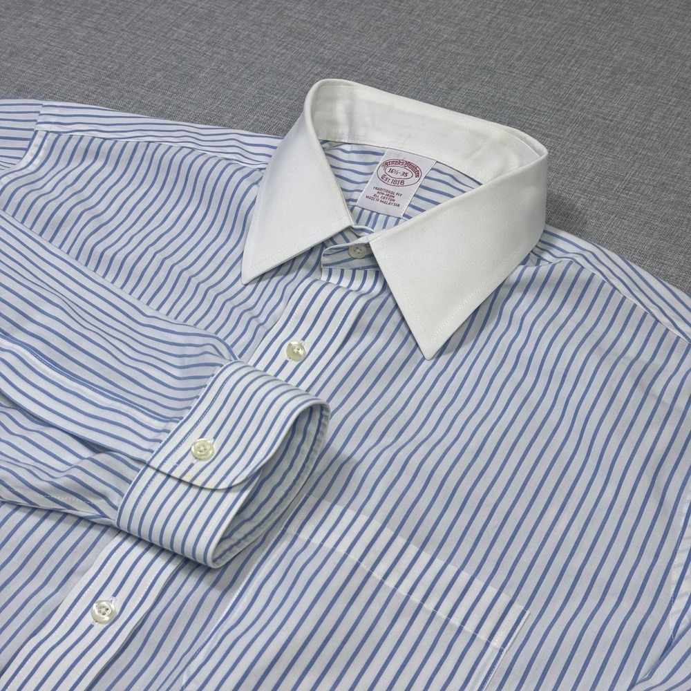 Brooks Brothers Dress Shirt Mens 16.5 (35) Blue Striped Collar Classic Fit